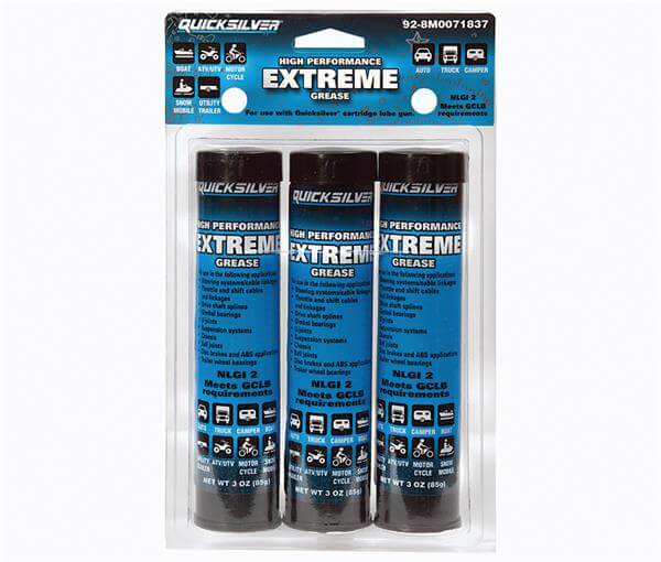 Packaging of Quicksilver high performance extreme grease with three tubes inside.