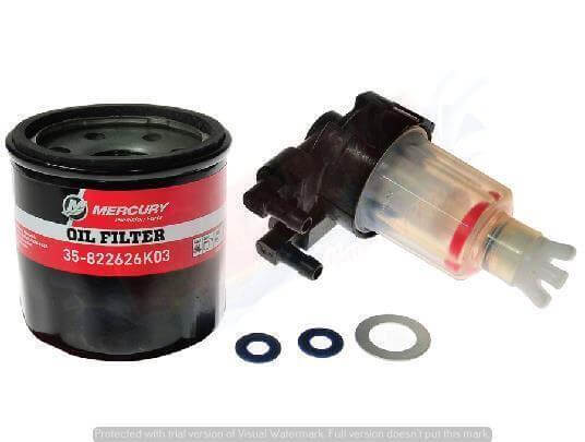 Mercury oil filter with related parts on a white background