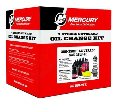 A red and black Mercury Marine 4-Stroke Outboard Oil Change Kit box, featuring product information and branding.