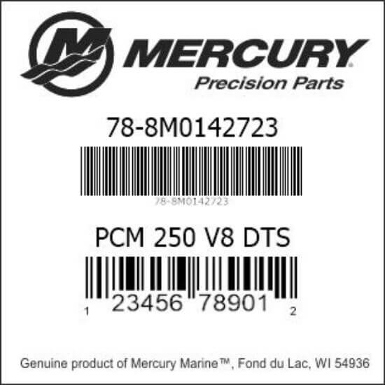 Mercury Precision Parts label with product code and barcode on a white background