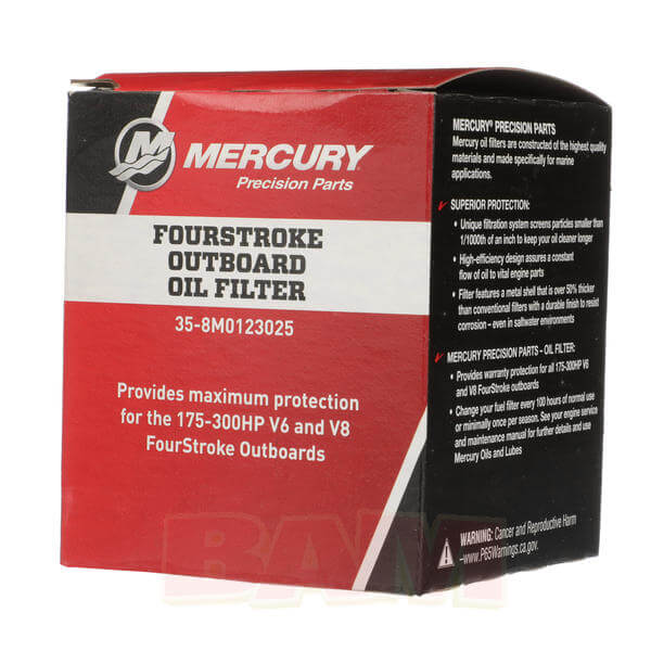 Mercury fourstroke outboard oil filter packaging on a white background
