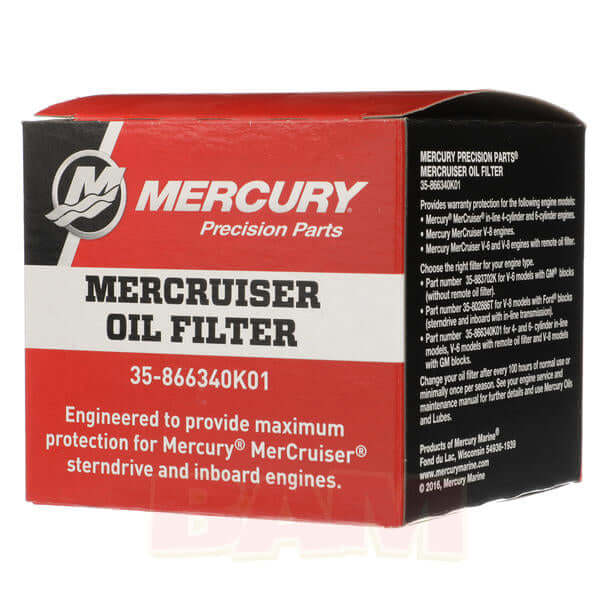 Mercury Mercruiser oil filter packaging on a white background