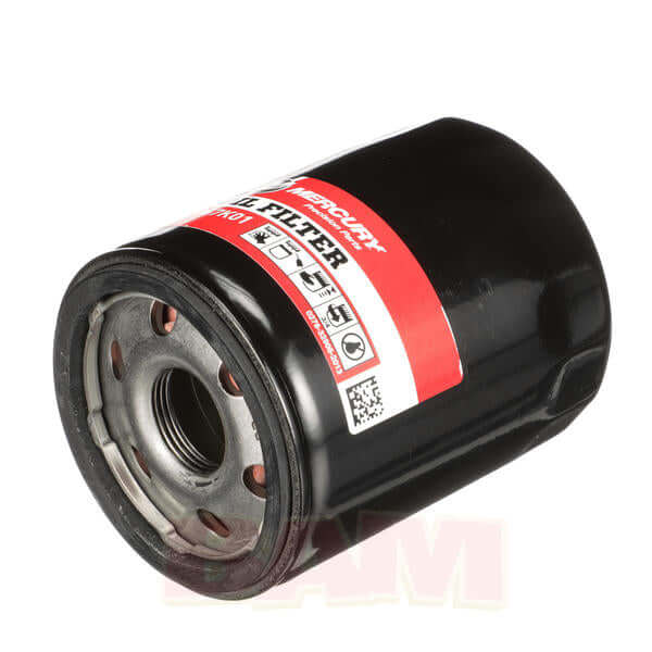 Black oil filter with a red label on a white background