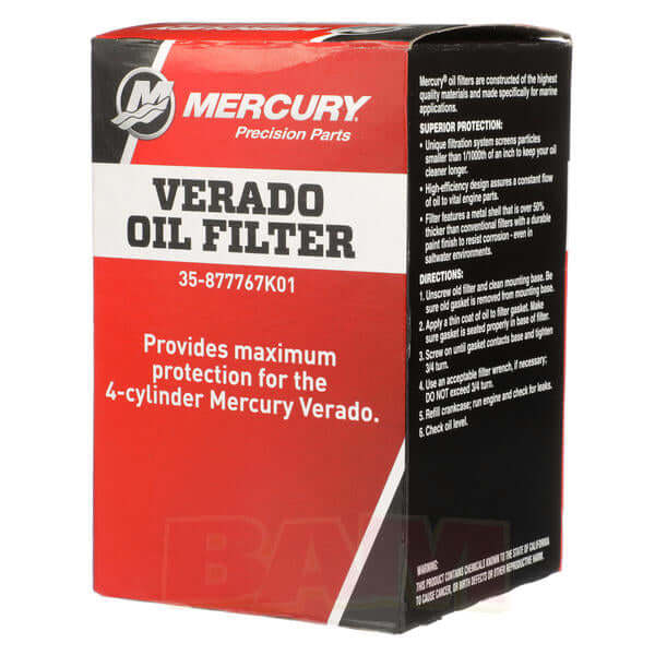 Mercury Verado oil filter packaging on a white background
