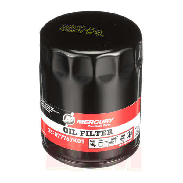 Mercury oil filter with black top and red and white label on a white background