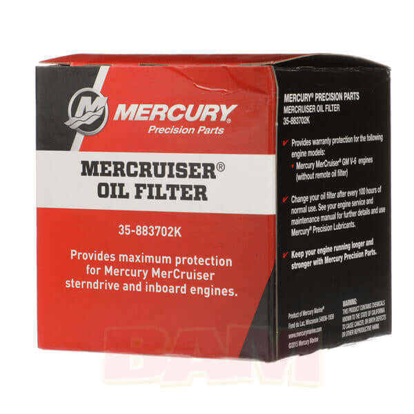Mercury Mercruiser oil filter packaging on a white background