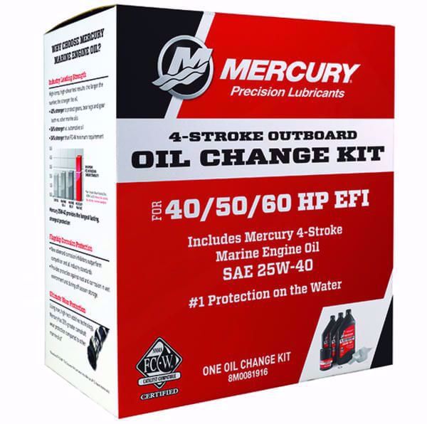 Mercury oil change kit packaging for 4-stroke outboard motors on a white background