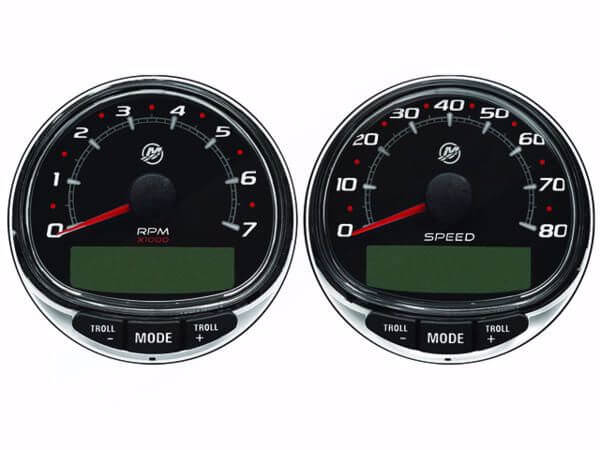 Mercury Marine gauges for RPM and Speed on a white background