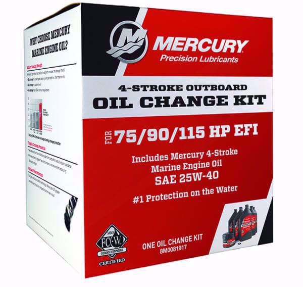 Mercury oil change kit packaging for 4-stroke outboard motors on a white background