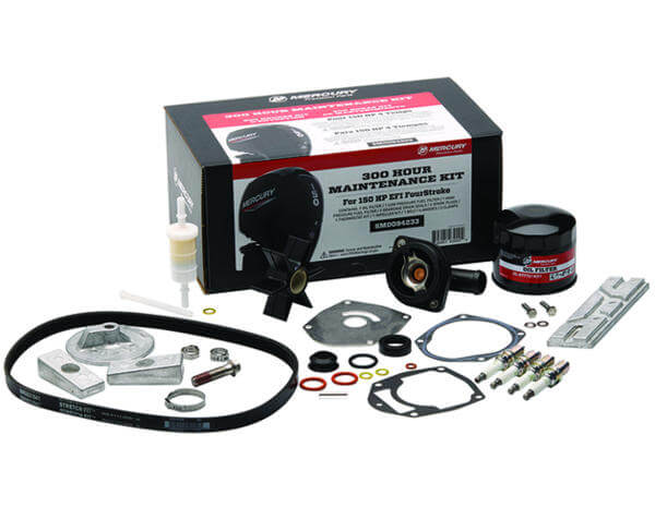 Engine maintenance kit with various parts and a branded box on a white background