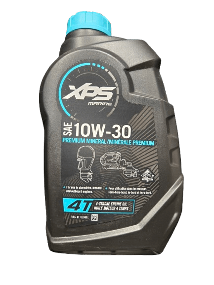 XPS marine engine oil bottle with SAE 10W-30 label on a black background
