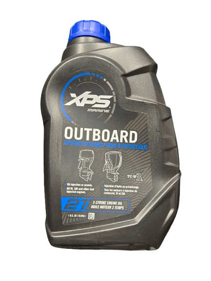 XPS Outboard engine oil bottle on a black background
