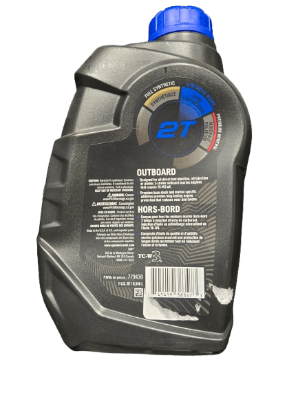 Outboard motor oil container with blue cap on a black background