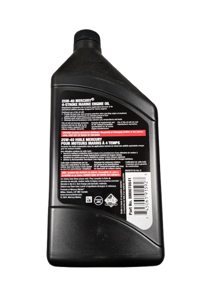 Mercury Marine 4-Stroke Engine Oil 25W-40 Synthetic Blend 1 Quart - Outboard & Sterndrive Engine Protection, 8M0078641