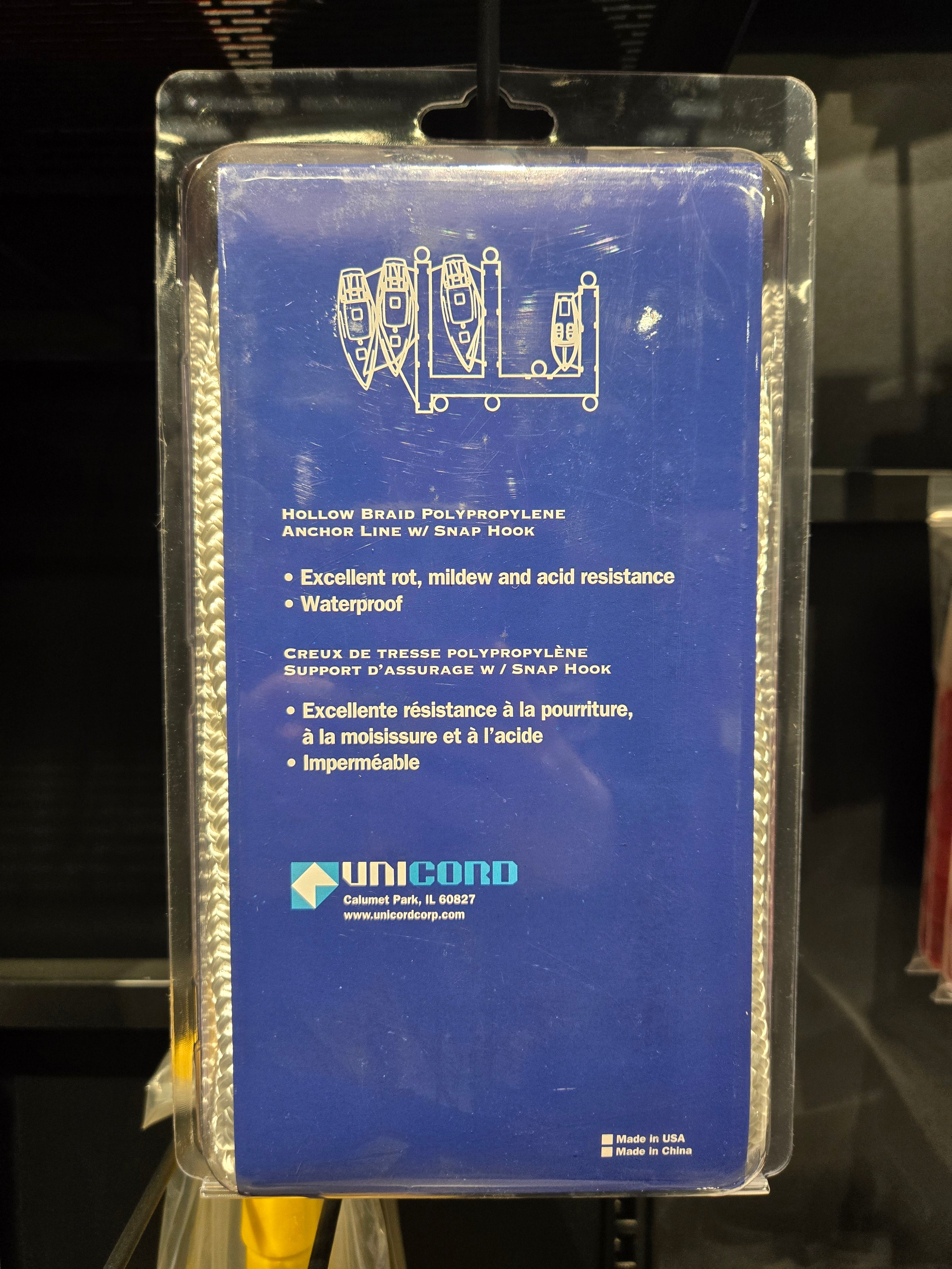 Unicord Hollow Braid Polypropylene White Anchor Line with Snap Hook 3/8 X 50' for Marine - 463091