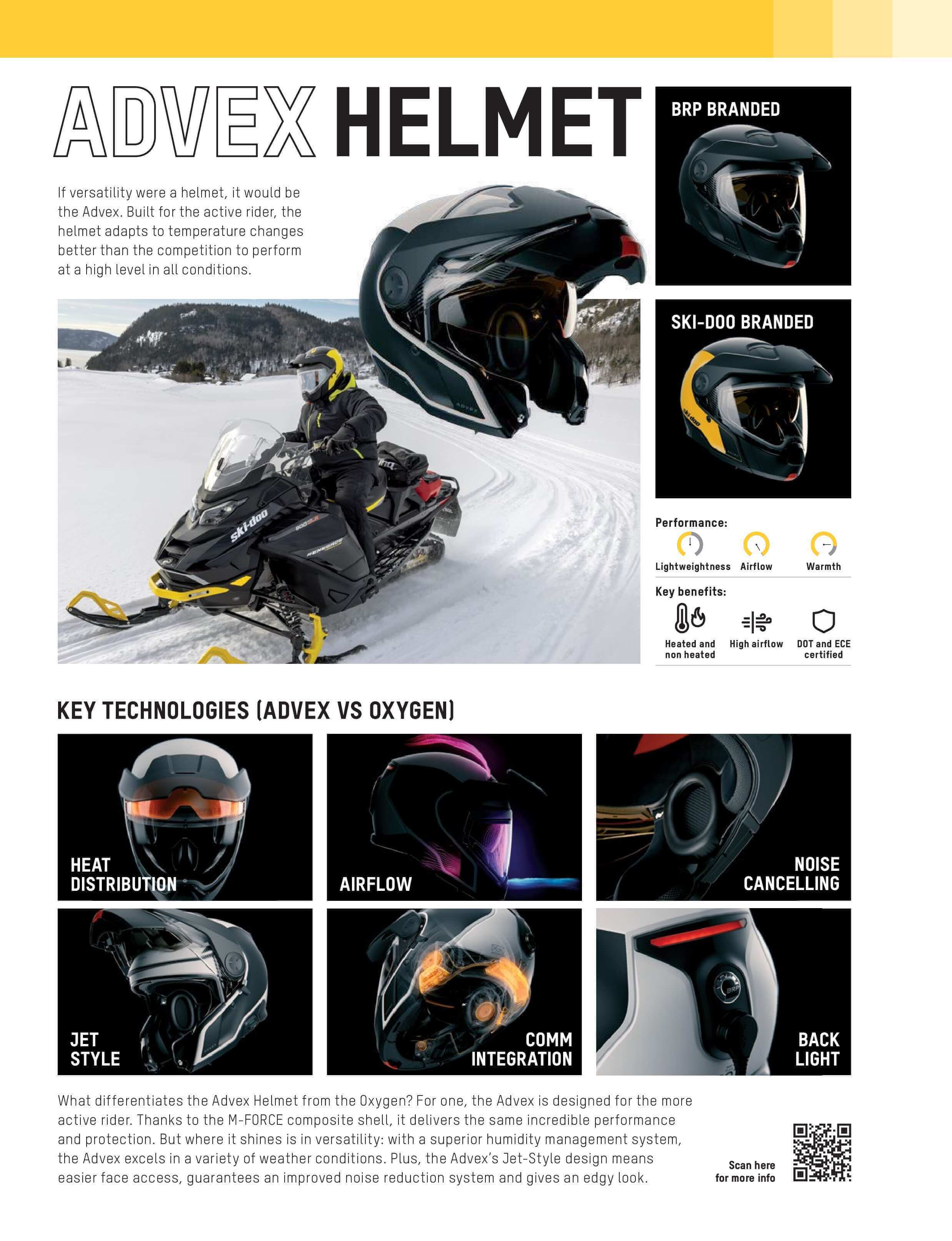 Advertisement for Advex helmet with snowmobile and skiing scenes, highlighting BRP and Ski-Doo branding.