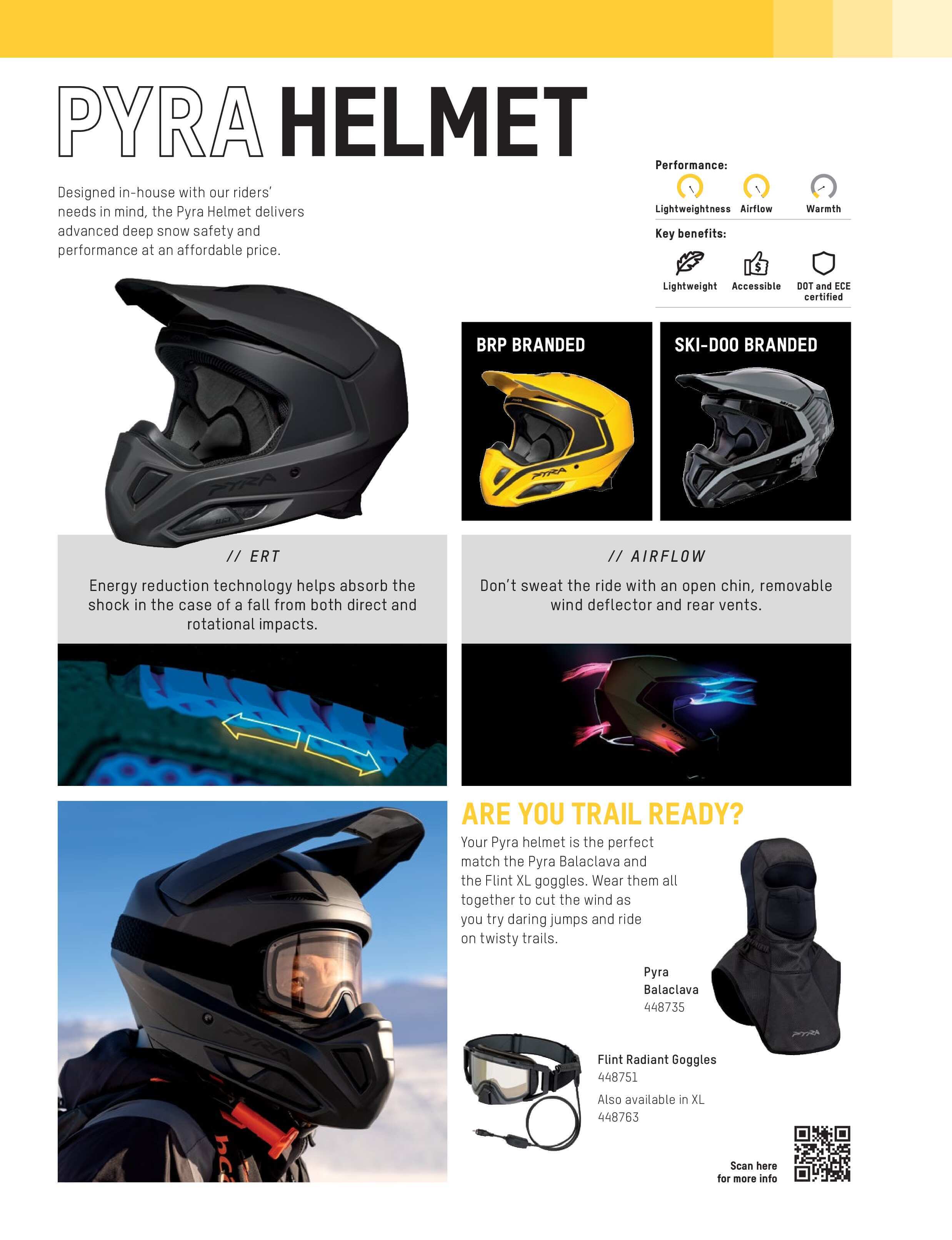 PYRA Helmet advertisement with helmet images, features, and branding information.