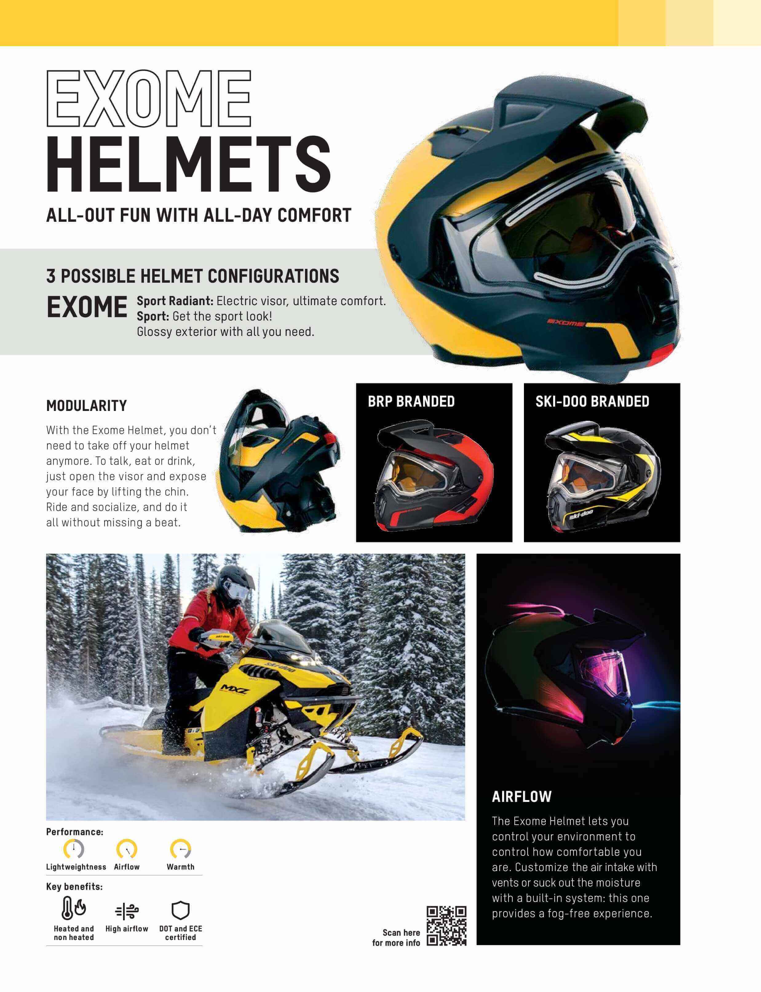 Exome helmets advertisement with snowmobile and product images on a white background