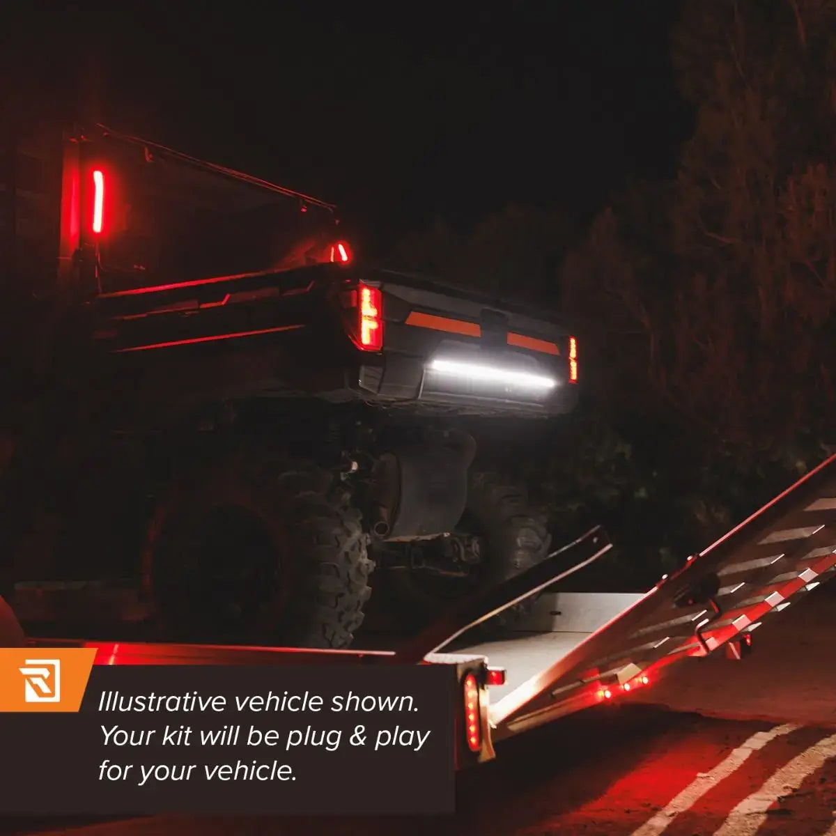 Illustrative image of a vehicle with red and white lights at night.