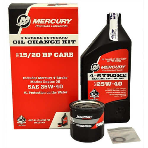 Mercury oil change kit with oil bottle, filter, and packaging on a white background