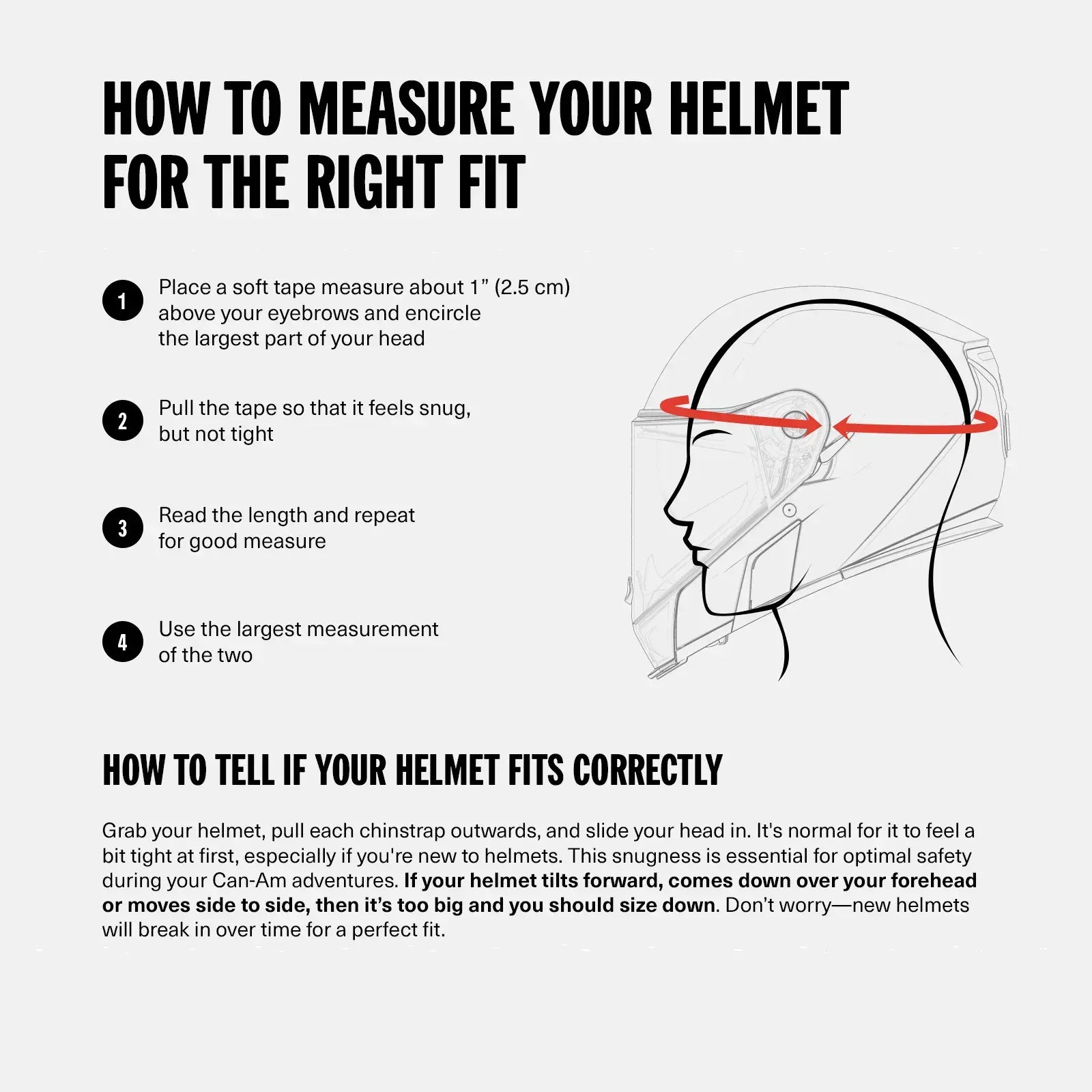 Instructions on how to measure a helmet for the right fit with a diagram of a head and tape measure.