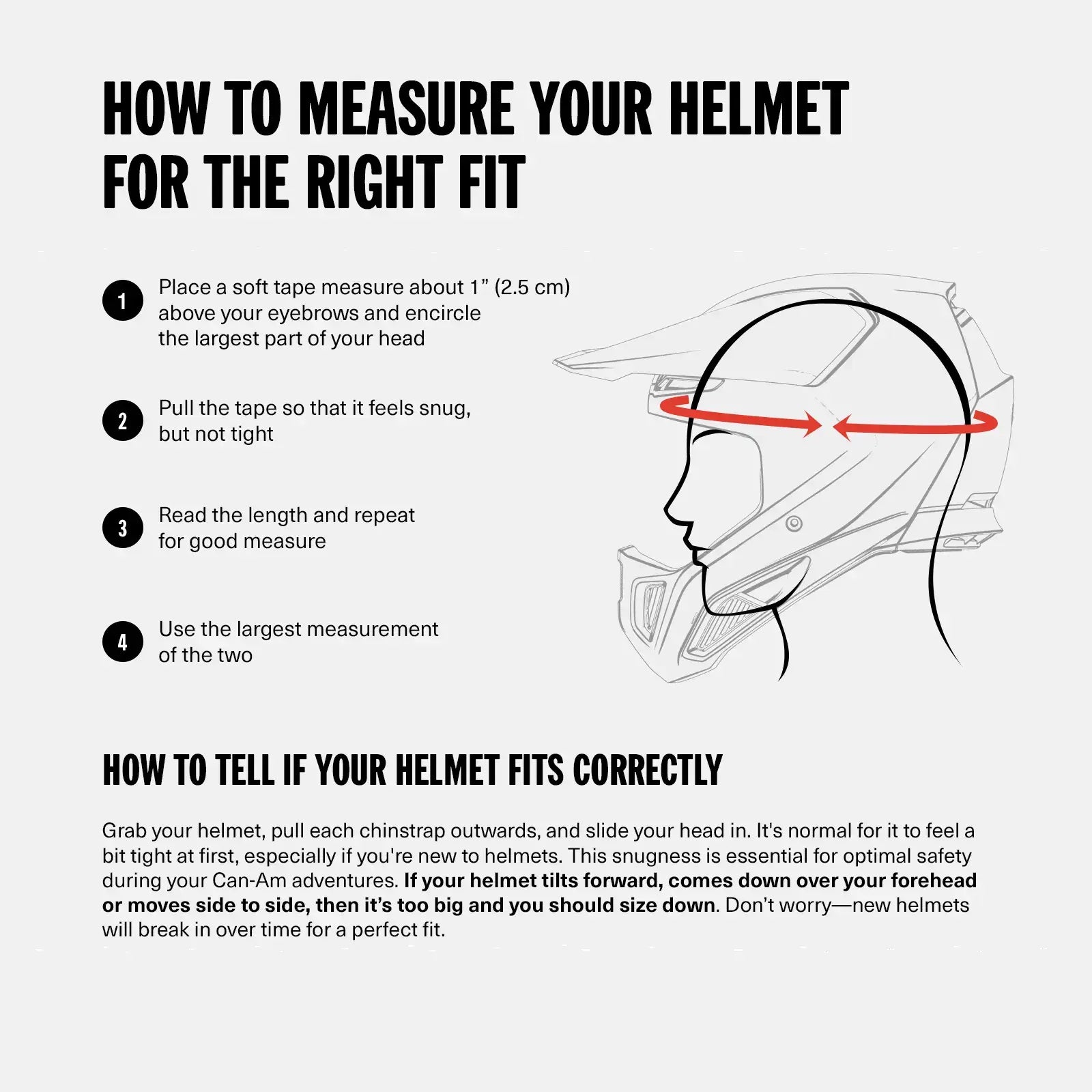 Instructions on how to measure a helmet for the right fit with a diagram of a helmet and head.