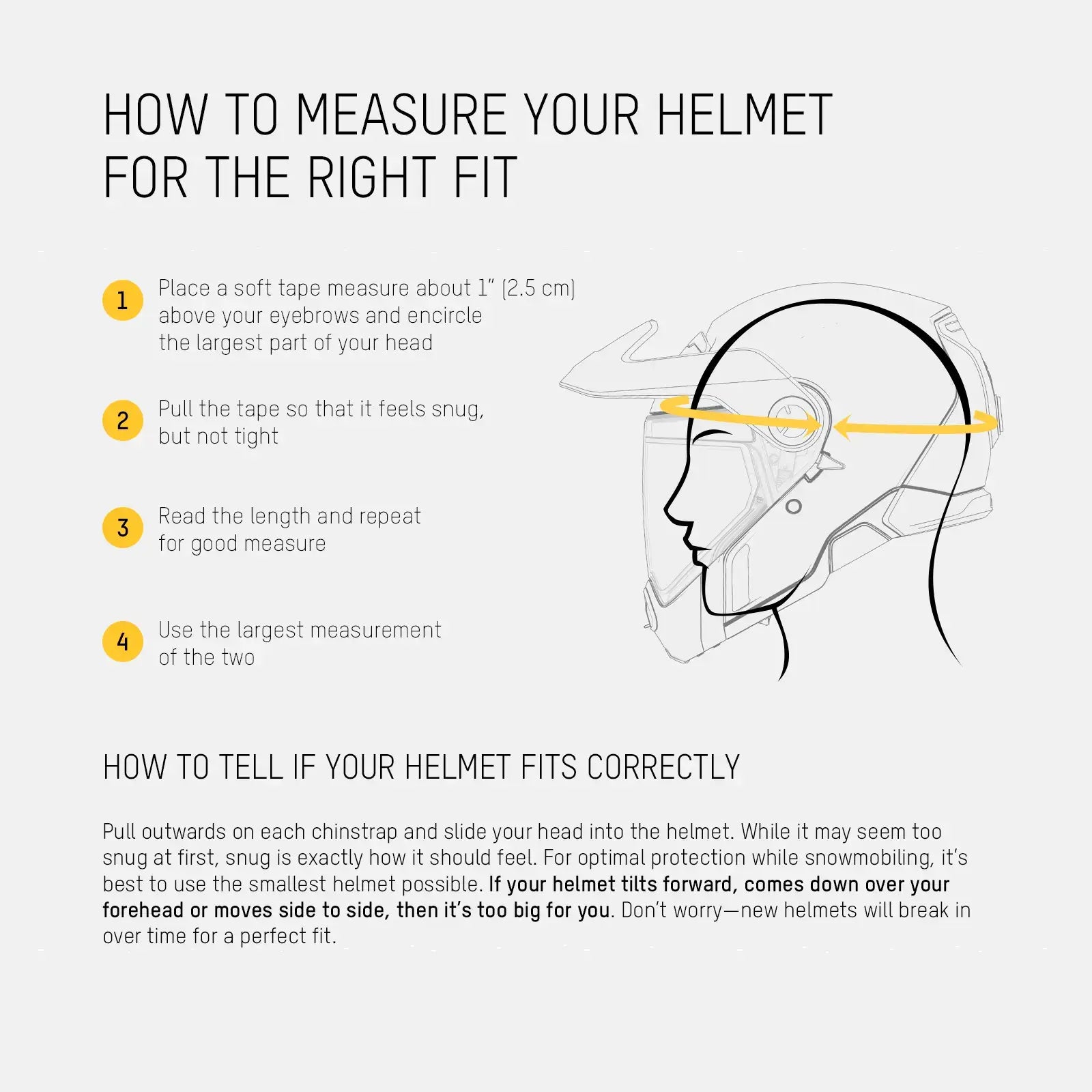 Instructions on how to measure a helmet for the right fit with a diagram of a person wearing a helmet.
