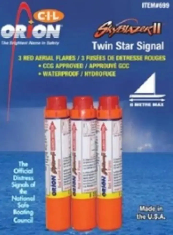 Orion SkyBlazer II Twin Star Signal flares packaging on a blue background