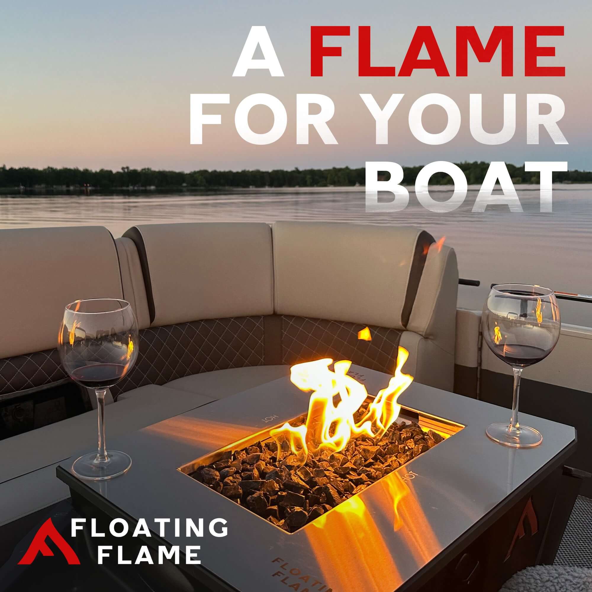 Floating Flame Portable Fire Pit on a boat with flame active