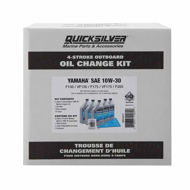 Quicksilver 10W-30 Oil Change Kit for Yamaha Outboard F150, 5 Liters packaging info card