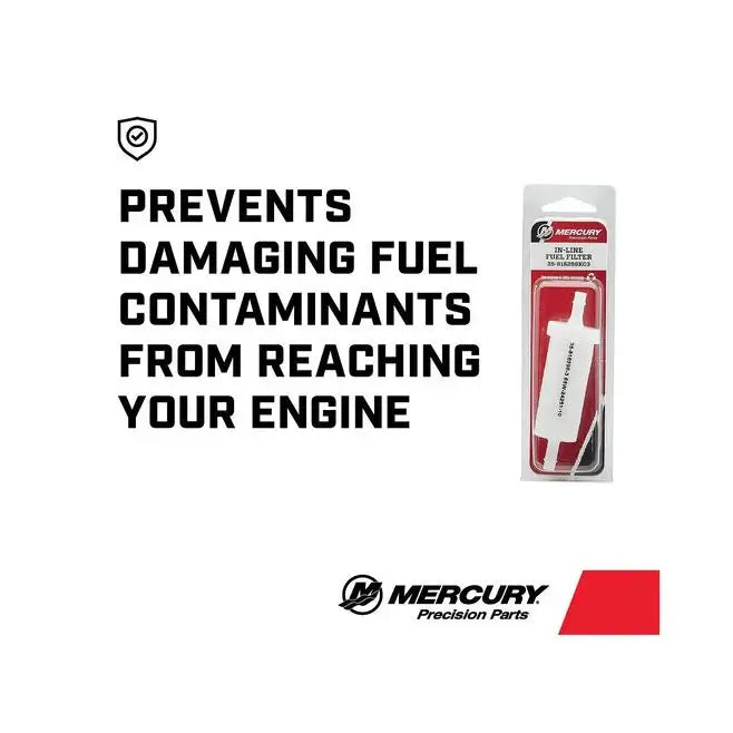 Mercury fuel filter packaging with text on a white background