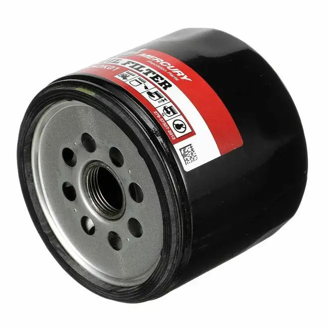 Black oil filter with a red and white label on a white background