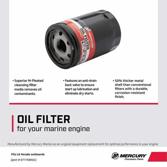 Oil filter for marine engines with Mercury Marine branding and specifications.