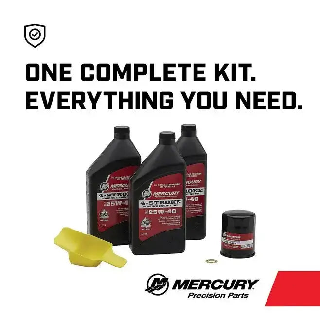 Mercury outboard motor oil and filter kit with bottles, funnel, and gasket on a white background.