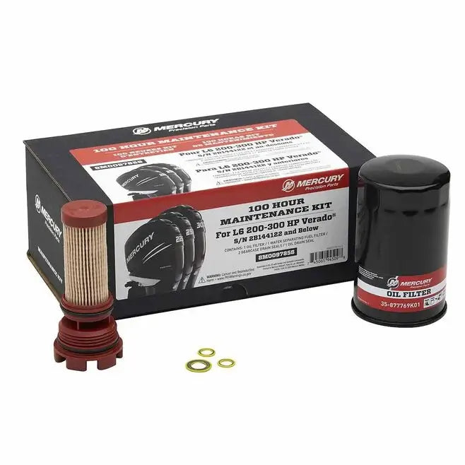 Mercury oil filter maintenance kit with packaging on a white background