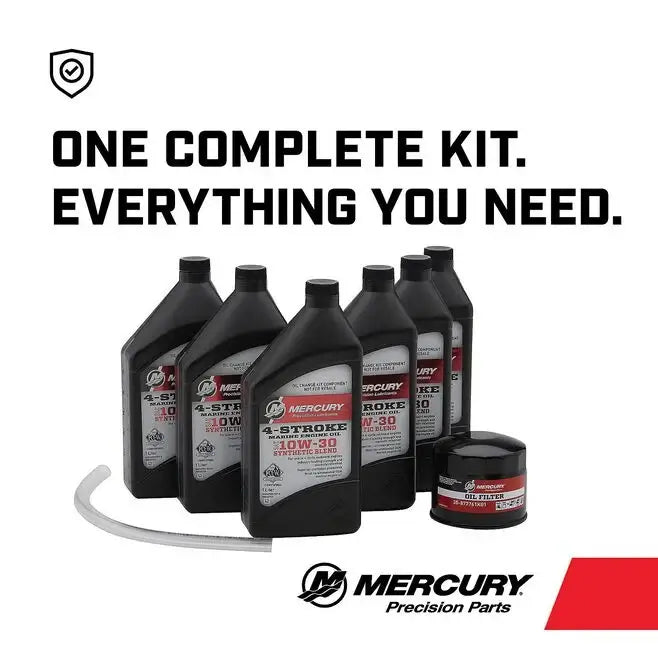 Mercury engine oil and filter kit with text on a white background