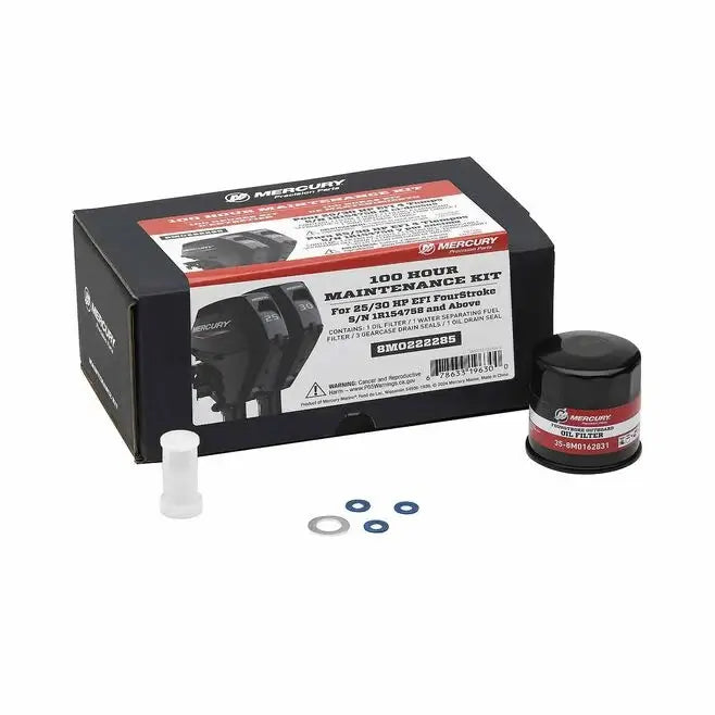 Mercury marine engine maintenance kit with oil filter and gaskets on a white background