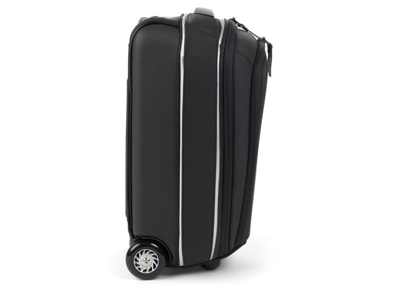 Can-Am Spyder RT semi-rigid front cargo travel bag black side view rolling wheels