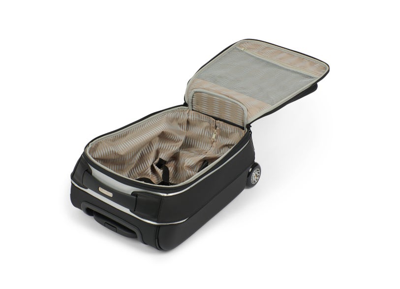 Can-Am Spyder RT semi-rigid front cargo travel bag open showing 40L interior storage