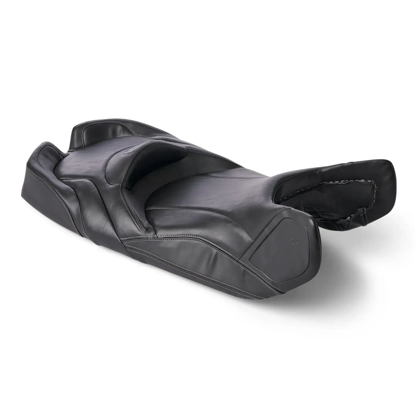 Black motorcycle seat on a white background