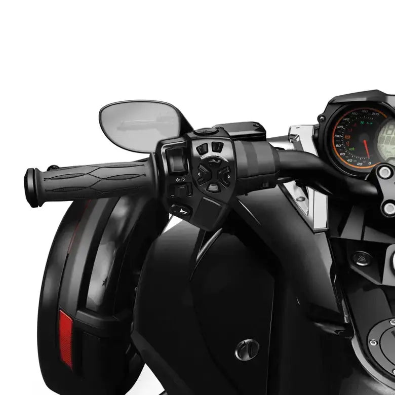 Close-up of a motorcycle handlebar with controls and gauge on a white background
