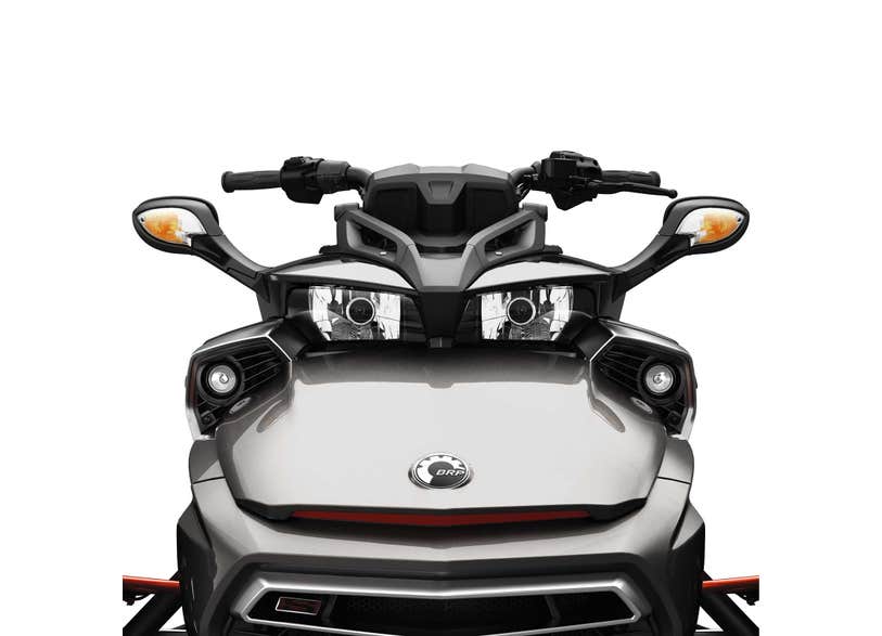 Can-Am Spyder F3 front end with auxiliary lights and LED headlights, silver three-wheeler
