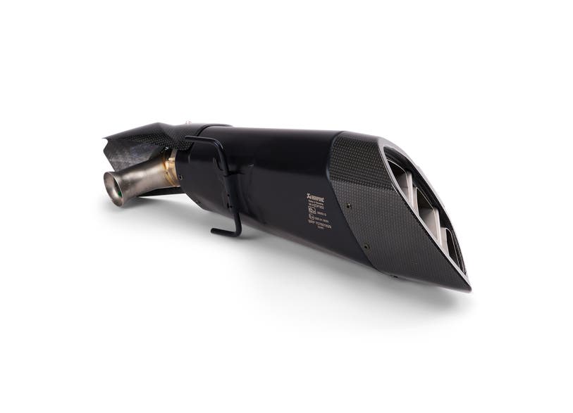Akrapovič Sinister black carbon fiber slip-on silencer for Can-Am Spyder F3 F3-S angled view