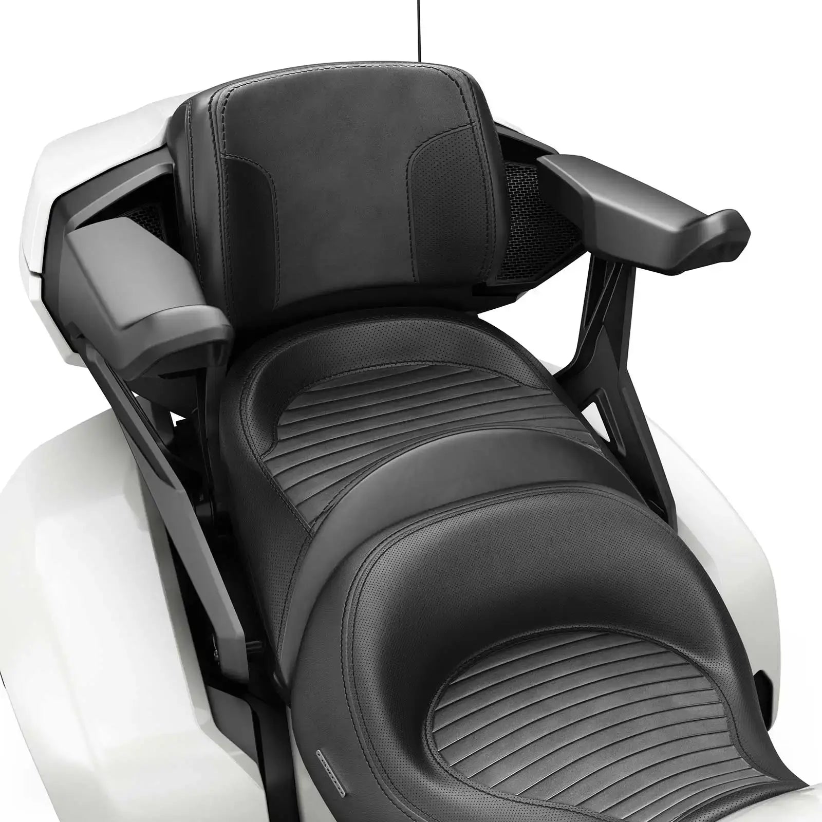 Close-up of a motorcycle seat with a white background