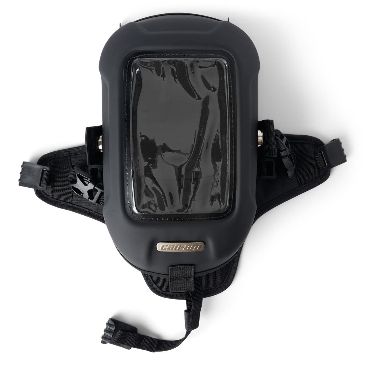 Can-Am Ryker tank bag black with clear phone window and adjustable straps top view