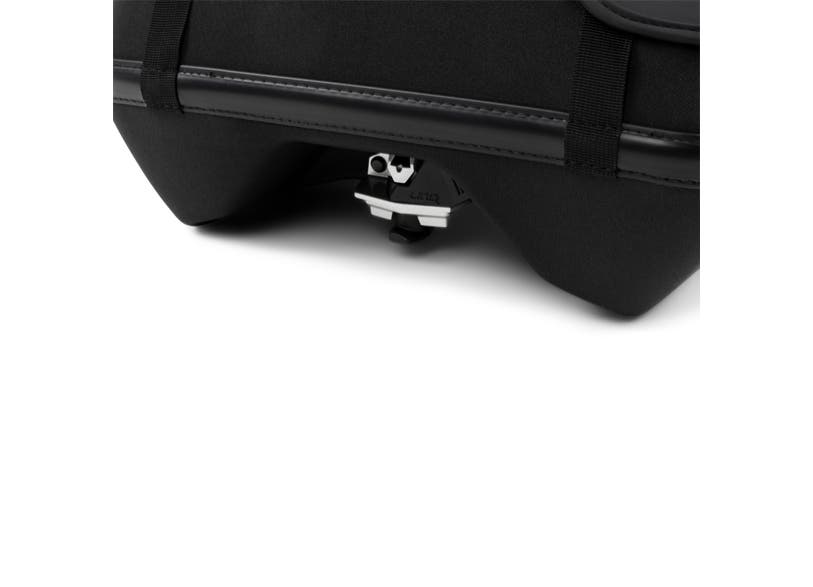 Can-Am Ryker LinQ 16L top case mounting latch and buckle strap closeup