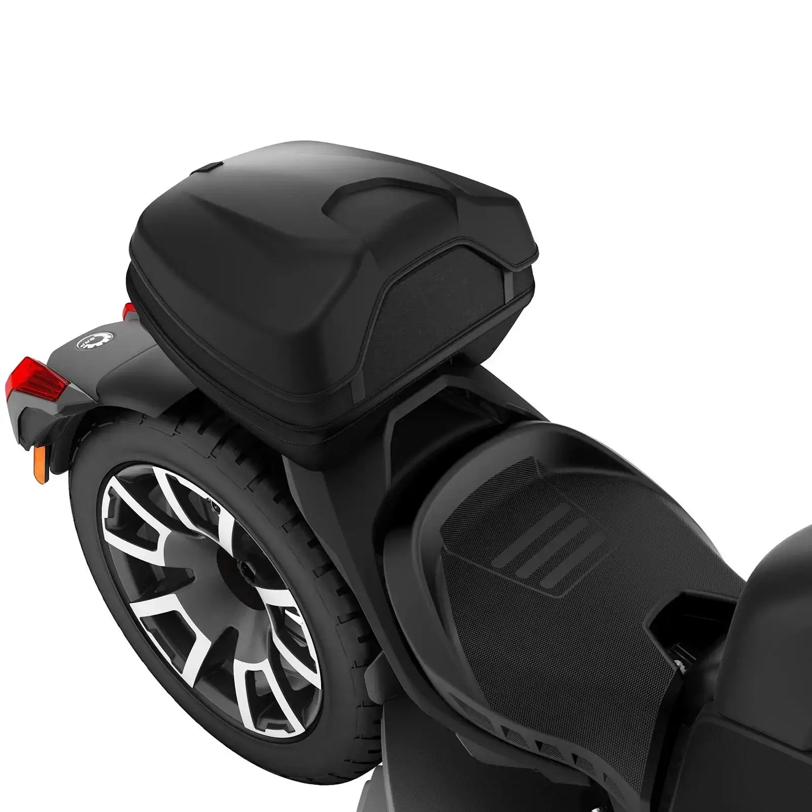 Black motorcycle saddlebag on a white background