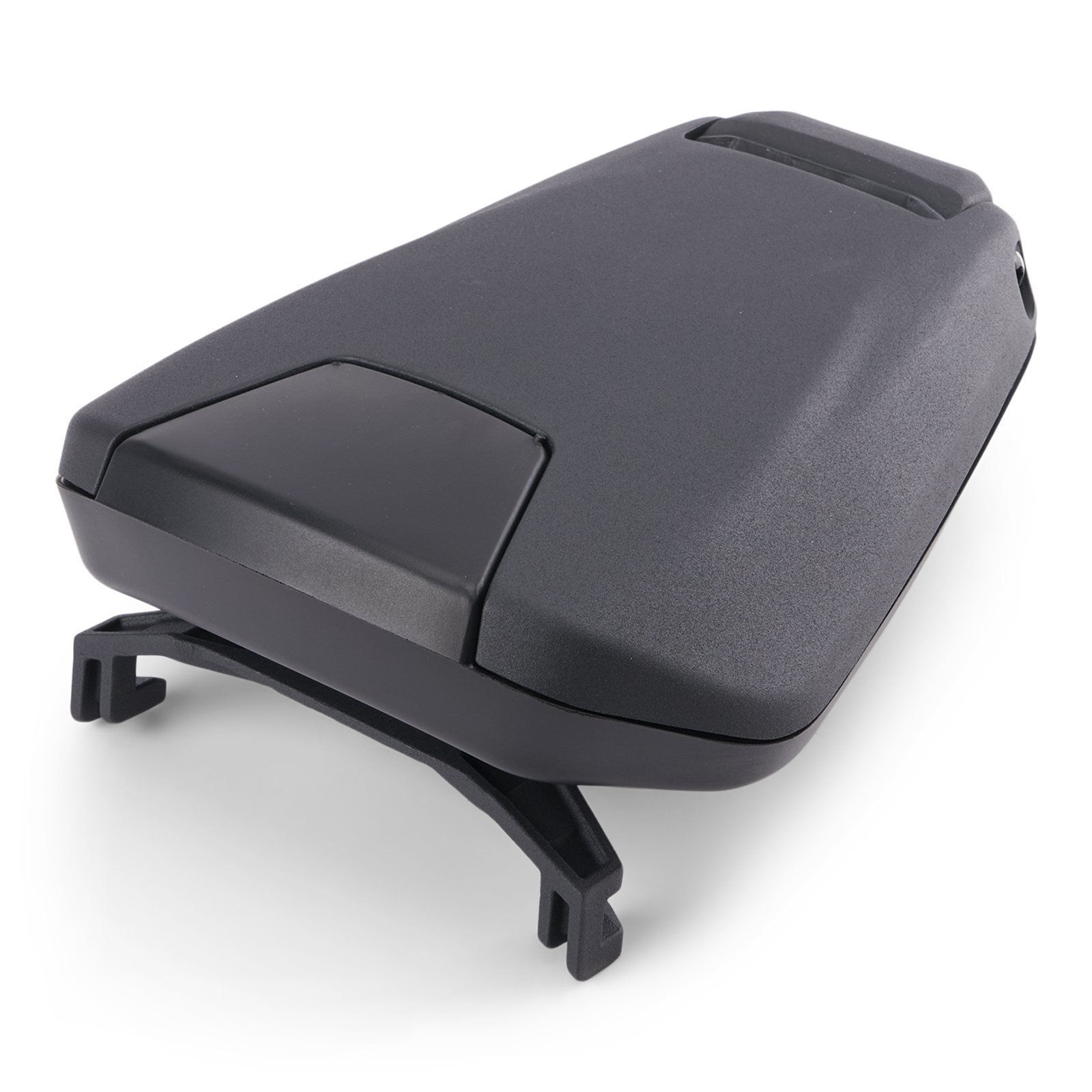 Black foldable passenger backrest for Can-Am Ryker rear seat, angled view