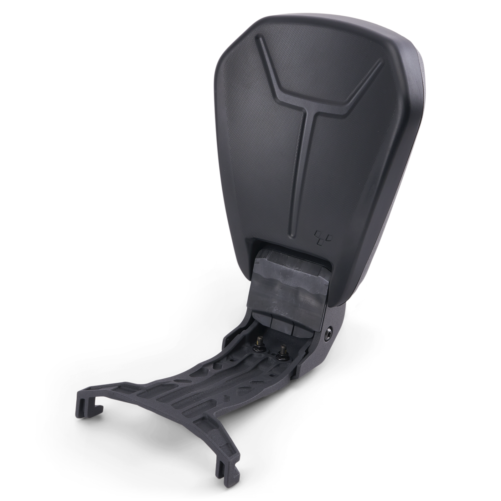 Can-Am Ryker foldable passenger backrest with black padded cushion and folding mount bracket