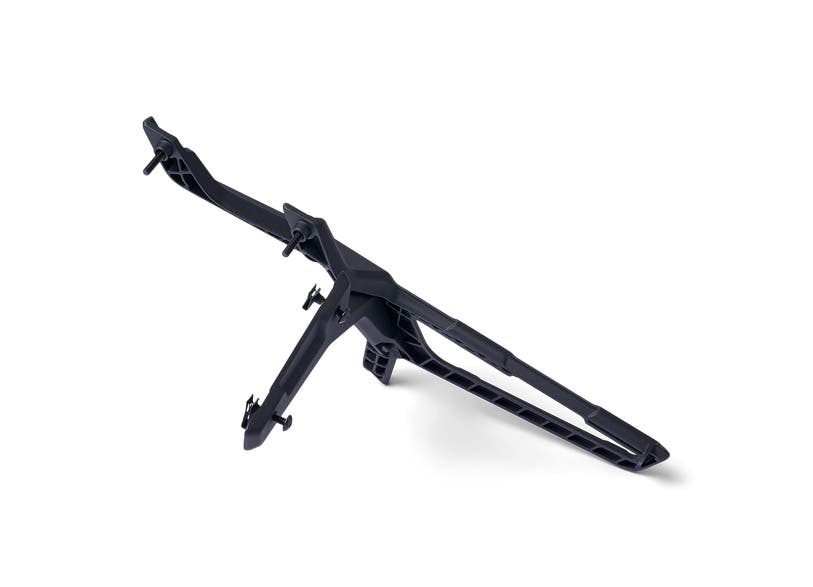 Black saddlebag rack for Can-Am Ryker three-wheeler, angled view